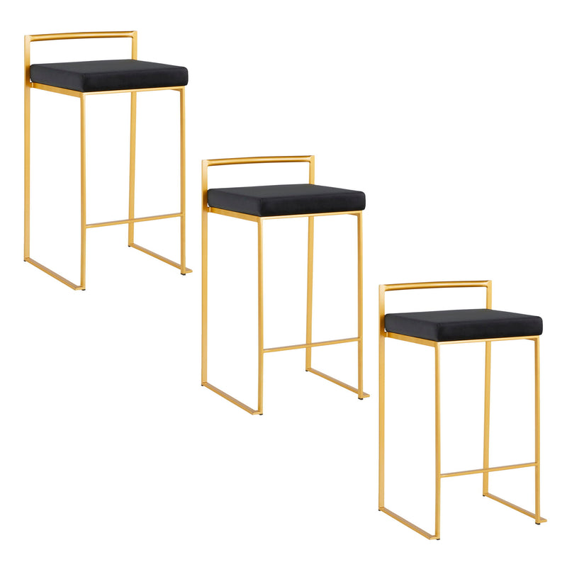 Lumi Source Fuji contemporary glam counter stool set with sleek design and modern black seats and gold accents.