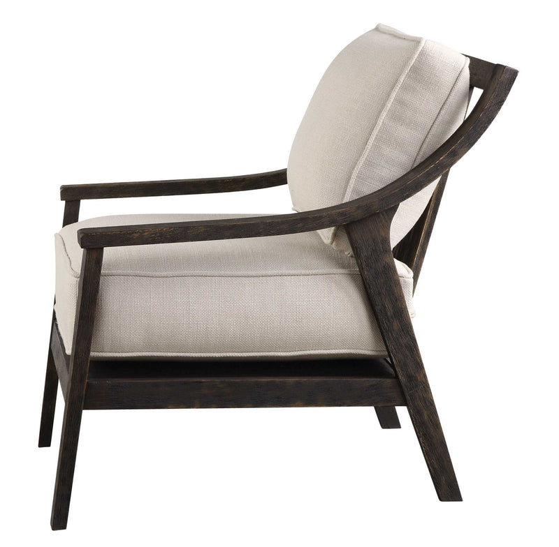 Uttermost Lyle beige accent arm chair with upholstered seat and wooden legs, modern design for living room or office decor.