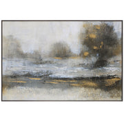 Uttermost Gilt Misty Landscape framed canvas art with pearl silver accents, showcasing a serene, abstract landscape scene.