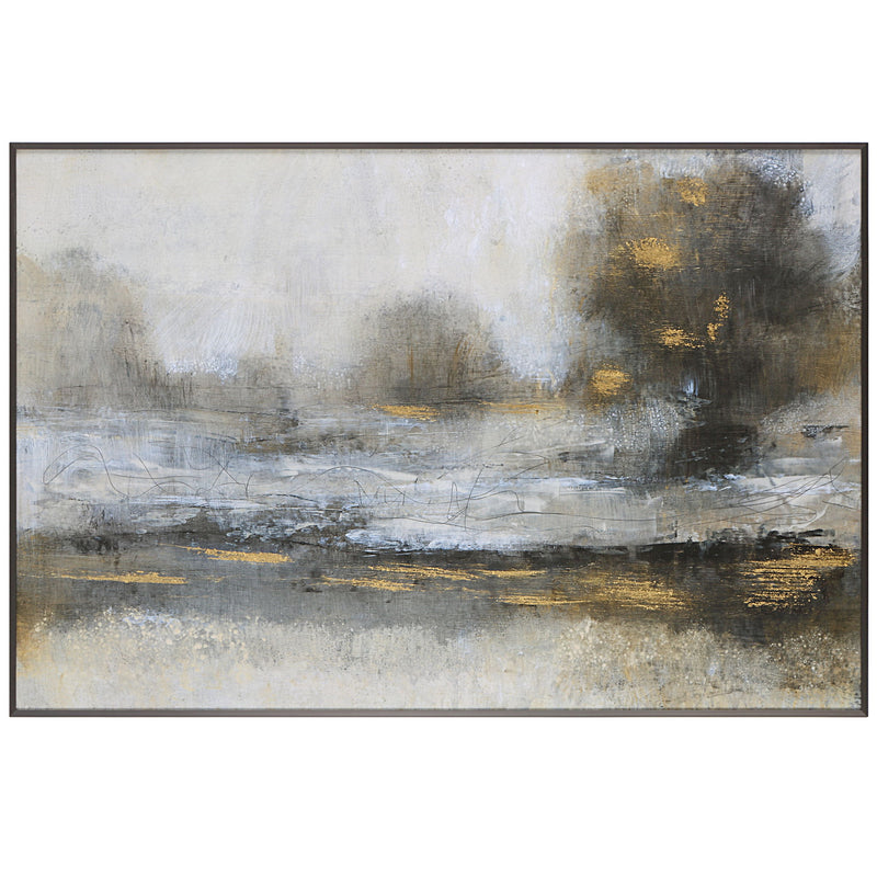 Uttermost Gilt Misty Landscape framed canvas art with pearl silver accents, showcasing a serene, abstract landscape scene.