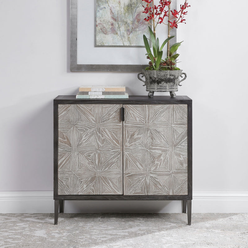 Uttermost Laurentia 2-door accent cabinet in black and pearl silver with modern design and sleek hardware.