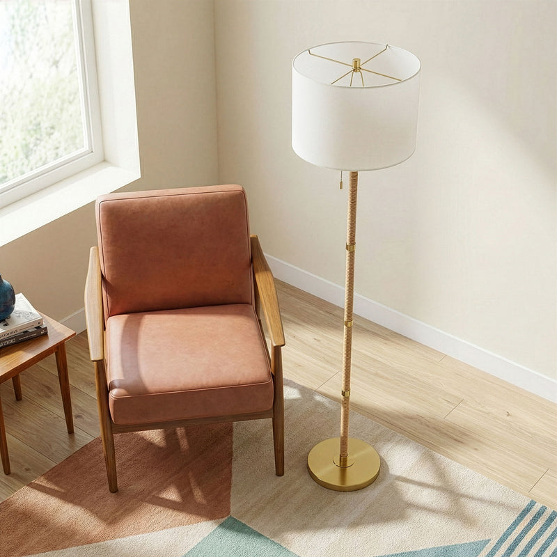 Stellar - Linen Shade Floor Lamp - Gold / Natural Wood / Rattan / White - R&R Furniture Gallery (Fountain Valley, CA)
