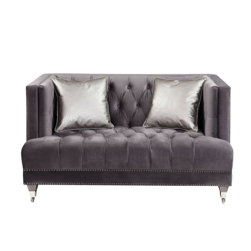 Hegio - Loveseat With 2 Pillows - Gray Velvet - R&R Furniture Gallery (Fountain Valley, CA)