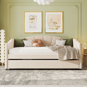 DreamHaus upholstered daybed sofa bed with trundle and wood slat, showcasing plush fabric, wooden frame, and under-bed storage.