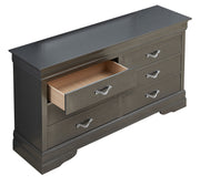 Metallic black dresser from Glory Furniture featuring sleek drawers and modern storage design for stylish organization.