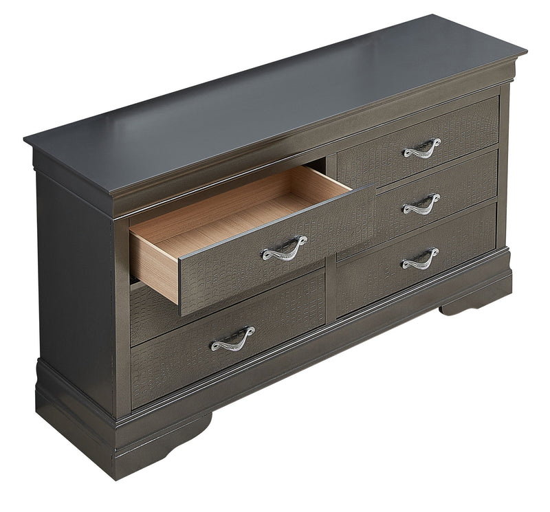 Metallic black dresser from Glory Furniture featuring sleek drawers and modern storage design for stylish organization.