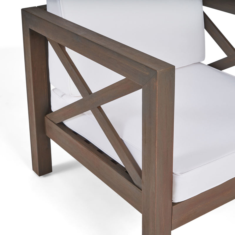 Noble House Brava mid-century modern arm chair with water-resistant cushions, featuring sleek design and plush seating.
