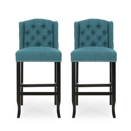 Set of two Noble House Vienna contemporary fabric tufted wingback counter stools with modern design and padded seats.
