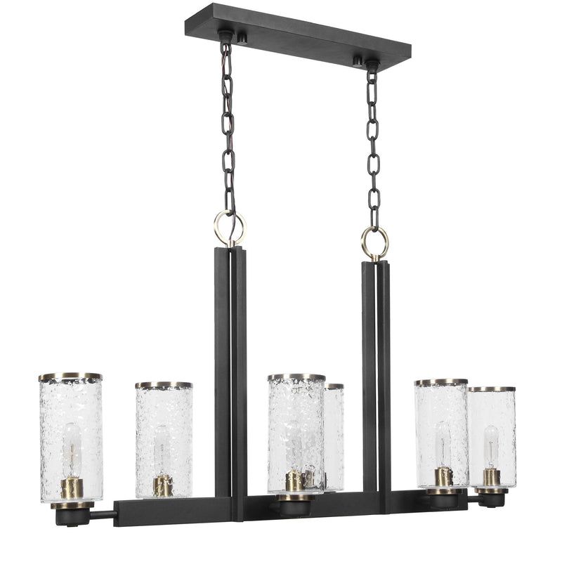 Uttermost Jarsdel 6-light industrial island pendant light in black with metal shades hanging from a ceiling mount.