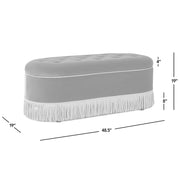 Jennifer Taylor Home Melinda oval tufted bullion fringe storage bench with upholstered fabric and wooden legs.