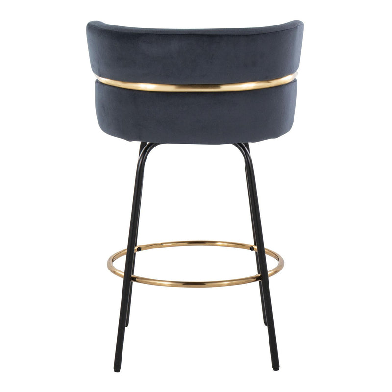Set of two Lumi Source Cinch contemporary fixed height counter stools with swivel seats and round footrests.