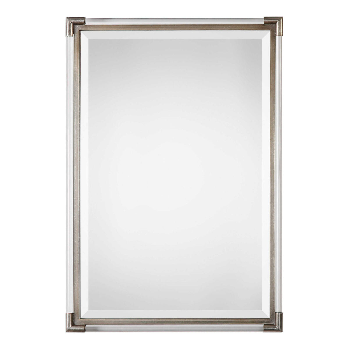 Silver metallic wall mirror by Uttermost with a sleek, round design and reflective mirror surface.