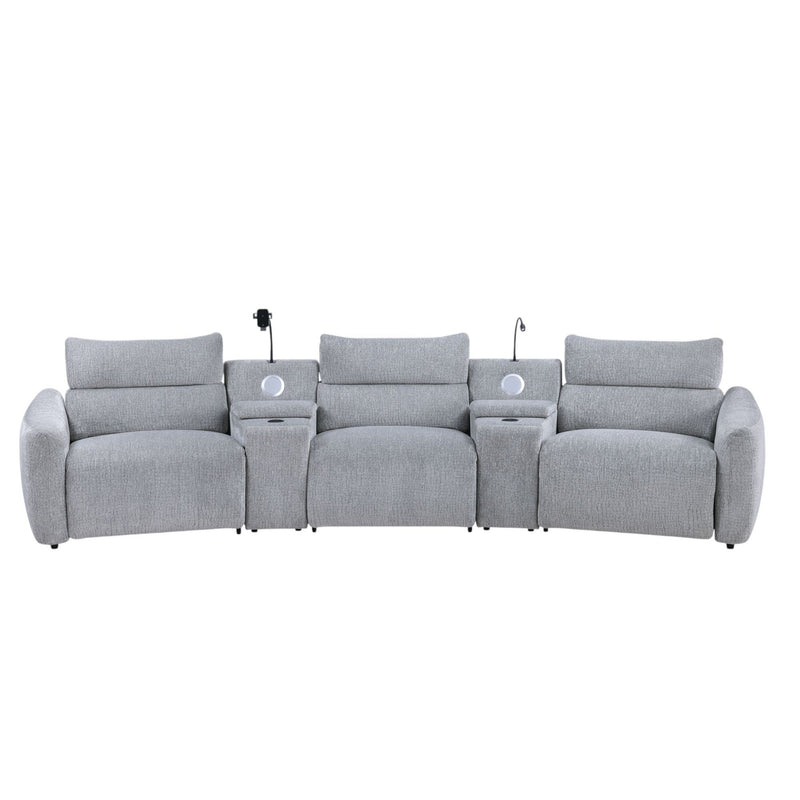 Fullar - Modular Power Motion Sectional Sofa With Console, 2 Wireless Chargers, 4 Cupholders, And 2 Speakers, 1 Phone Holder And 1 Reading Light, Adjustable Headrest - Light Gray