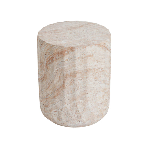 Outdoor / Indoor Lightweight Concrete Side Table, Cylinder Travertine Finish Accent Table - Beige - R&R Furniture Gallery (Fountain Valley, CA)