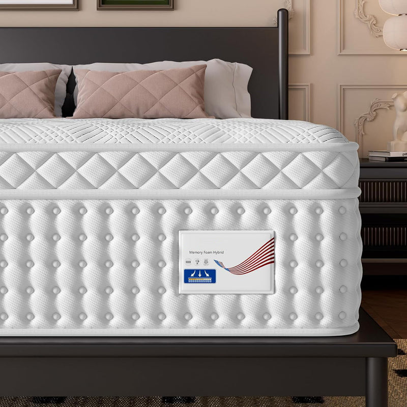 14" King Hybrid Mattress, Memory Foam & Pocket Spring Bed, Medium Firm Comfort, Spine Support, Quiet & Breathable - White - R&R Furniture Gallery (Fountain Valley, CA)