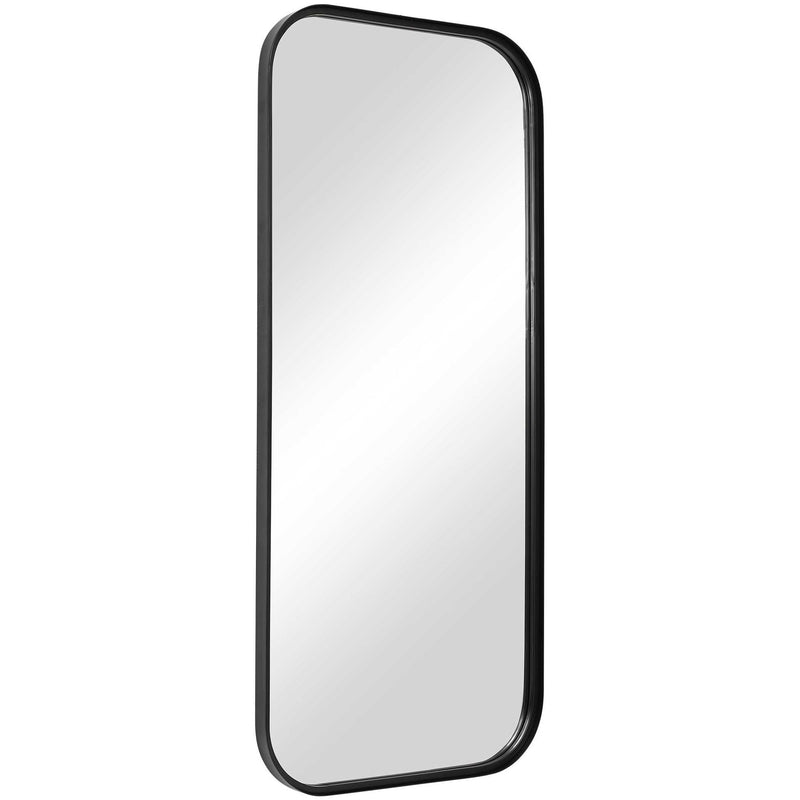 Uttermost Concord tall black iron wall mirror with sleek frame, hanging on a neutral-colored wall, showcasing modern mirror design.