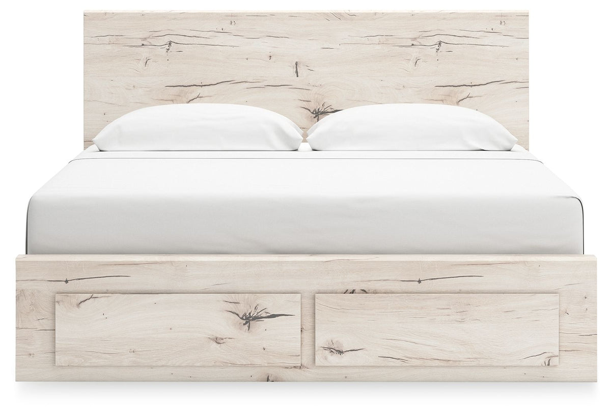 Signature Design by Ashley Lawroy panel bed with built-in storage drawers in a modern bedroom setting.