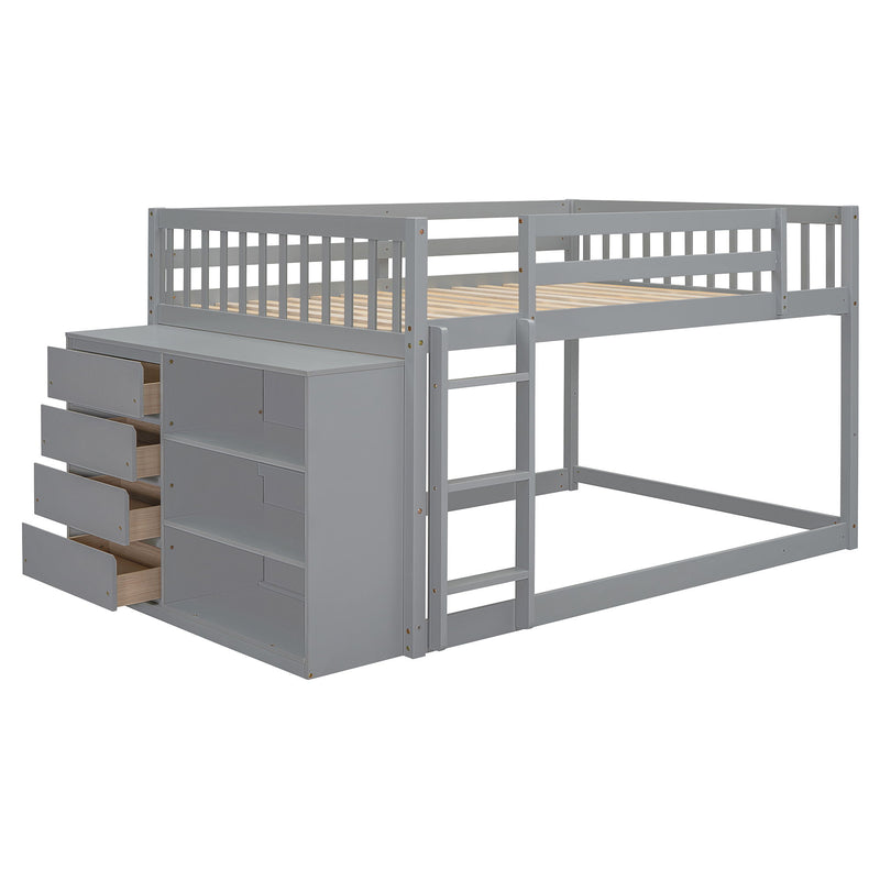 DreamHaus bunk bed with built-in four drawers and three shelves, featuring a sturdy wooden frame and modern design.