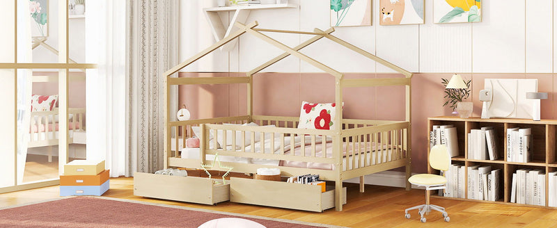 DreamHaus house bed with two drawers, a stylish storage bed featuring a cozy house-shaped frame and built-in storage drawers.