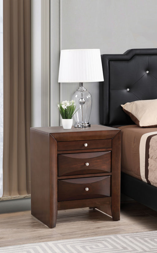 Marilla Cappuccino accent nightstand by Glory Furniture with a sleek design and storage drawer, placed in a modern bedroom setting.