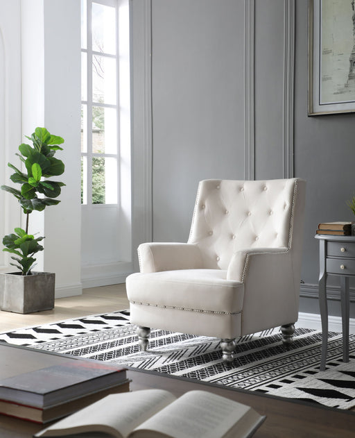 Elegant traditional armchair by Glory Furniture with plush upholstery and wooden legs, showcasing classic design and comfort.