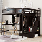 DreamHaus loft bed with built-in bookshelf, drawers, desk, and wardrobe, showcasing a multifunctional bedroom furniture setup.