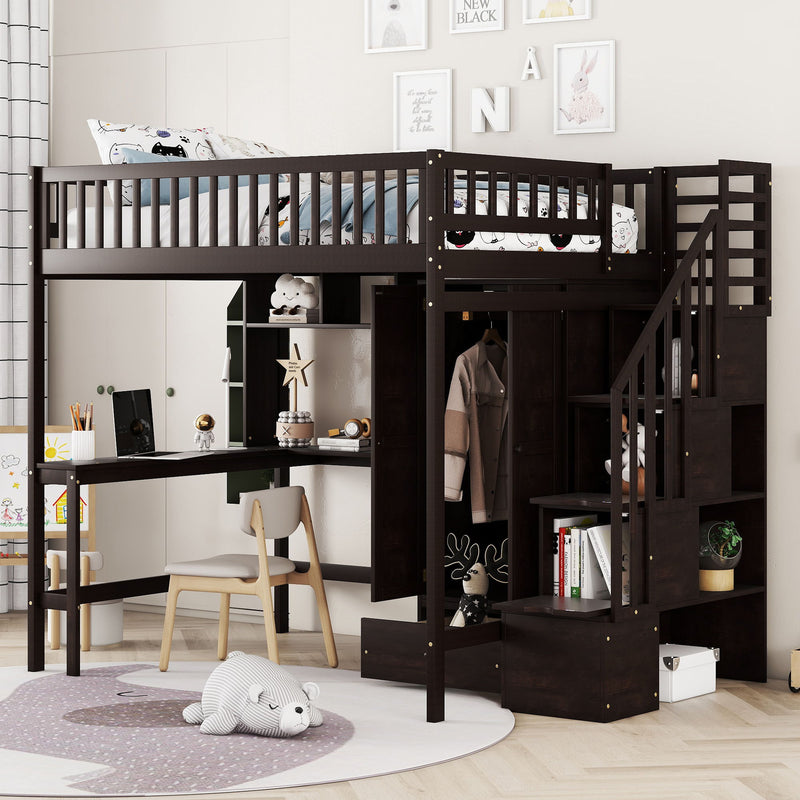 DreamHaus loft bed with built-in bookshelf, drawers, desk, and wardrobe, showcasing a multifunctional bedroom furniture setup.