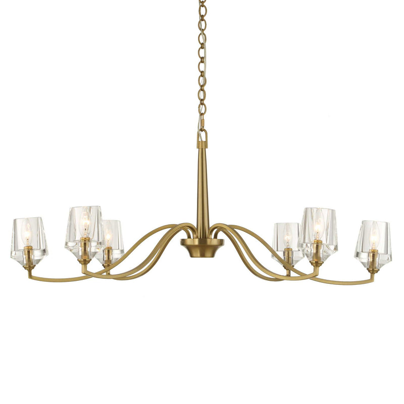 Uttermost Barcelona 6-light brass chandelier with gold finish, featuring elegant curved arms and classic design, hanging from ceiling.