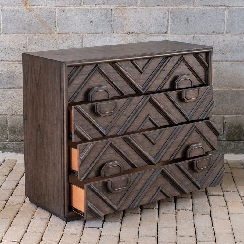 Dark brown Uttermost Mindra drawer chest, accent chest with sleek design and wooden finish, showcasing storage drawers and modern style.