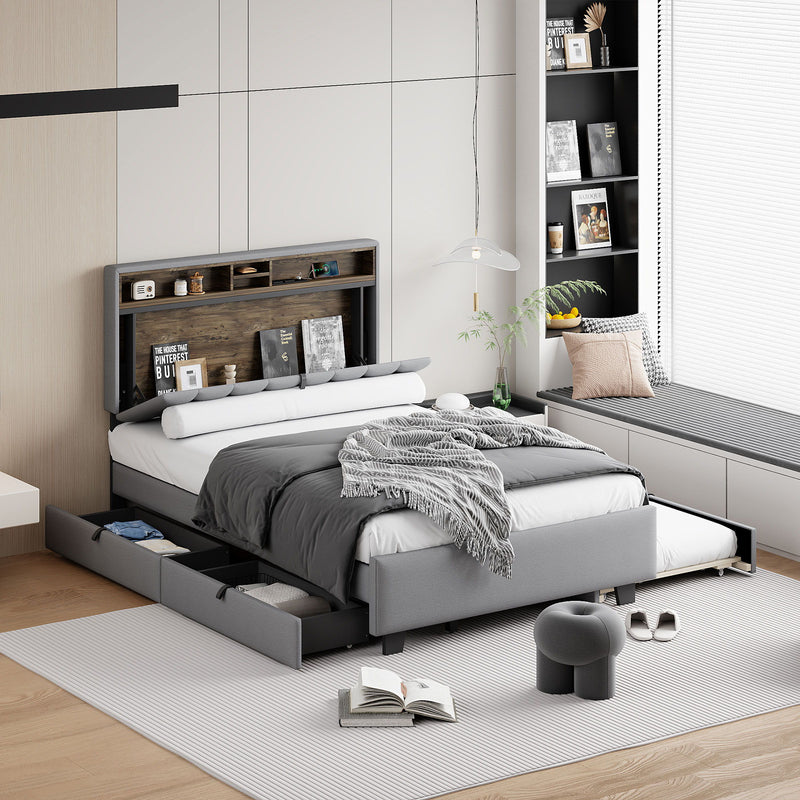 Upholstered Platform Bed With Storage Headboard, Trundle & 2 Drawers And A Set Of Sockets & USB Ports - R&R Furniture Gallery (Fountain Valley, CA)