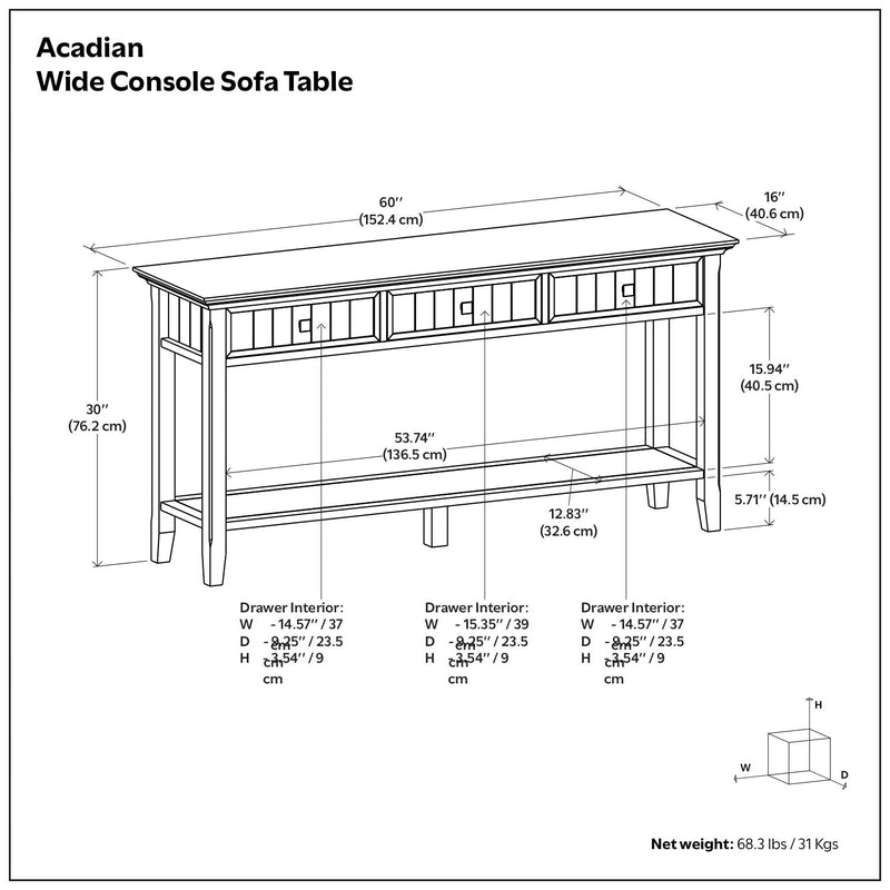 Simpli-Home Acadian wide console sofa table in brunette brown with a sleek wooden design and sturdy legs.