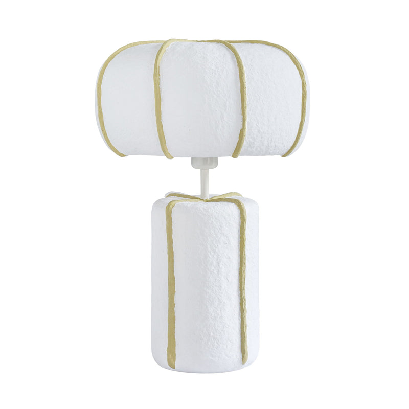 White and green Looma cotton mache table lamp by TOV Furniture featuring a textured, handcrafted design and rounded shape.