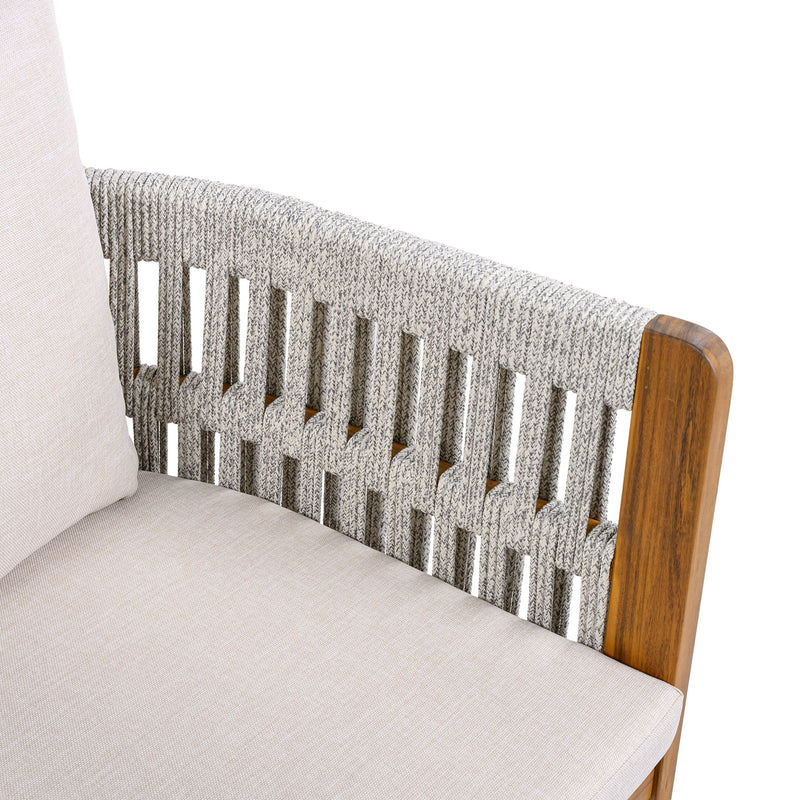 Set of two Noble House outdoor dining chairs with woven rope handles, featuring stylish and durable design for garden or patio use.