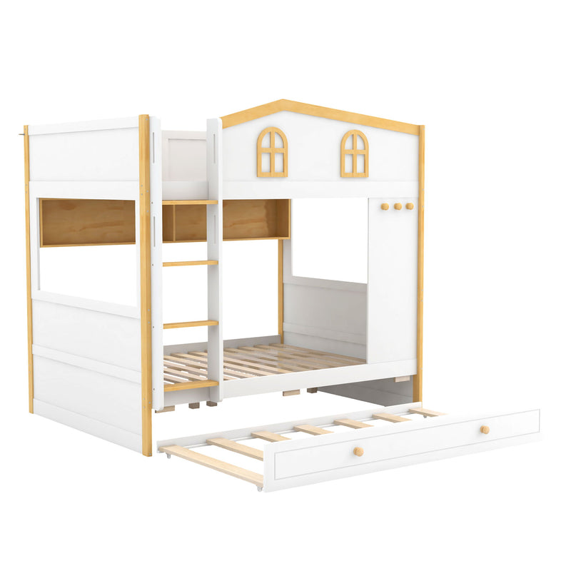 Dreamland full over full bunk bed in white and natural wood finish with built-in storage shelves and trundle for versatile sleeping options