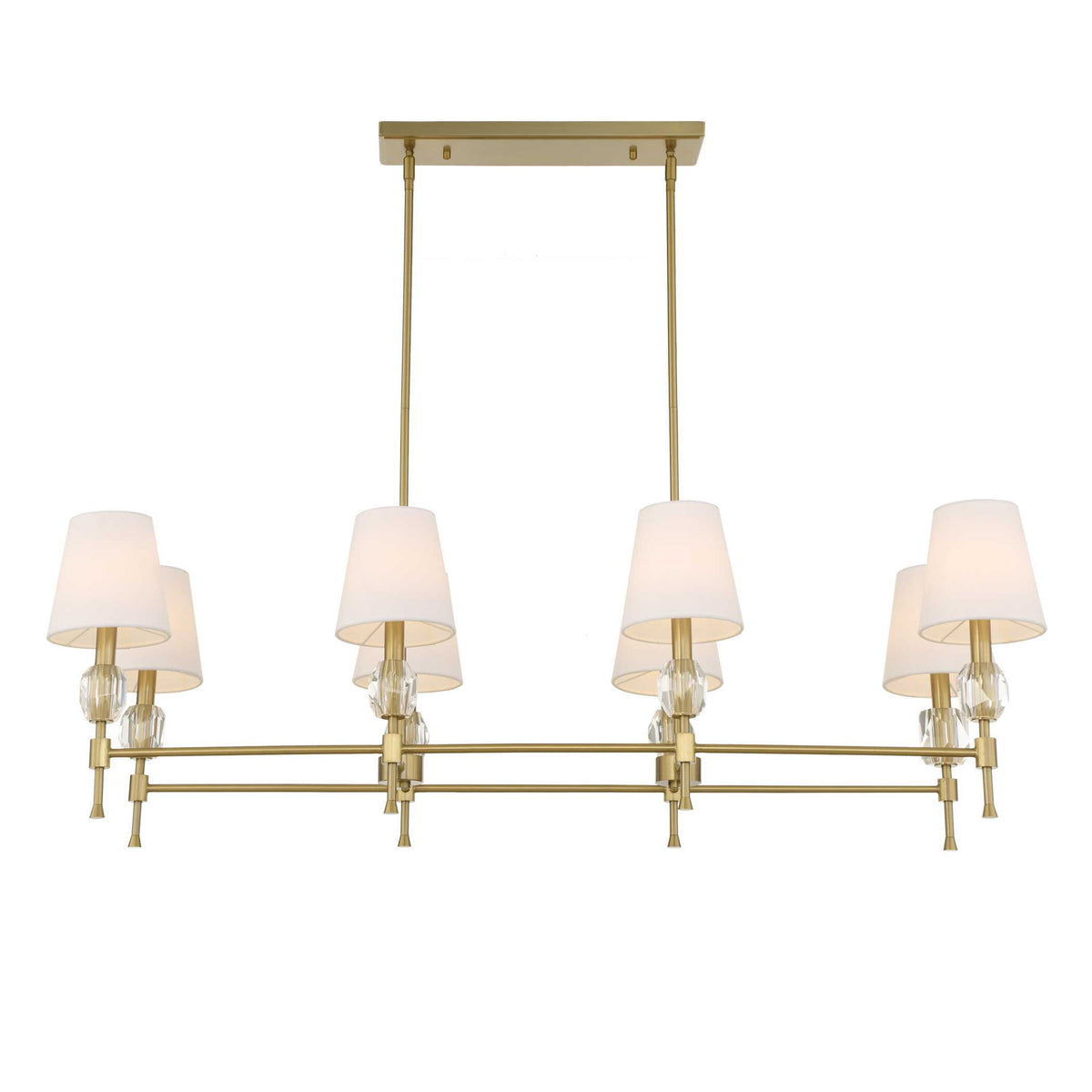 Uttermost Arques 8-light linear chandelier with white and gold finish, featuring modern design and sleek light fixtures.