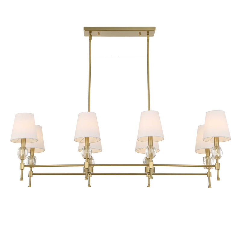 Uttermost Arques 8-light linear chandelier with white and gold finish, featuring modern design and sleek light fixtures.