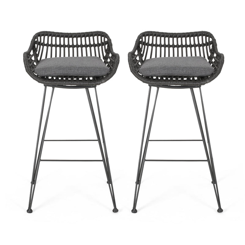 Noble House outdoor rattan bar chair with metal legs, stylish stool set for patio or outdoor bar area.