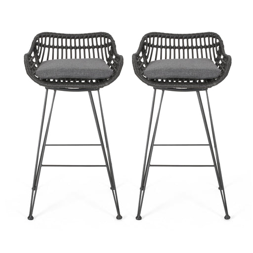Noble House outdoor rattan bar chair with metal legs, stylish stool set for patio or outdoor bar area.