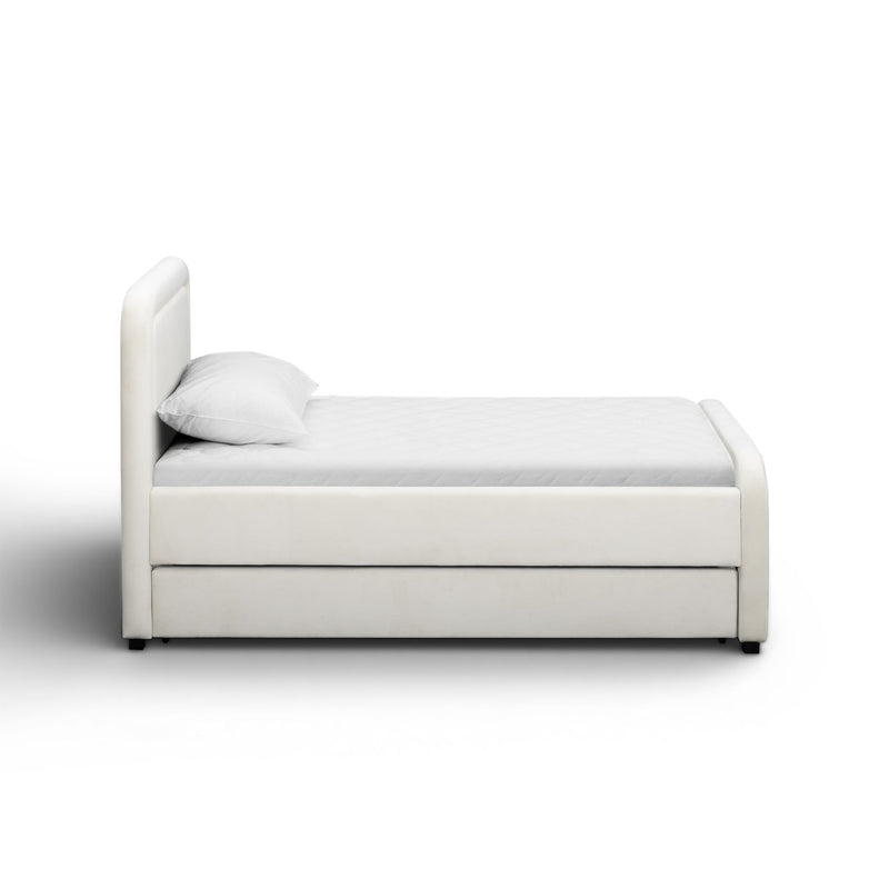 TOV Furniture Briella trundle bed with sleek design and wooden frame, featuring a pull-out sleeping drawer underneath.