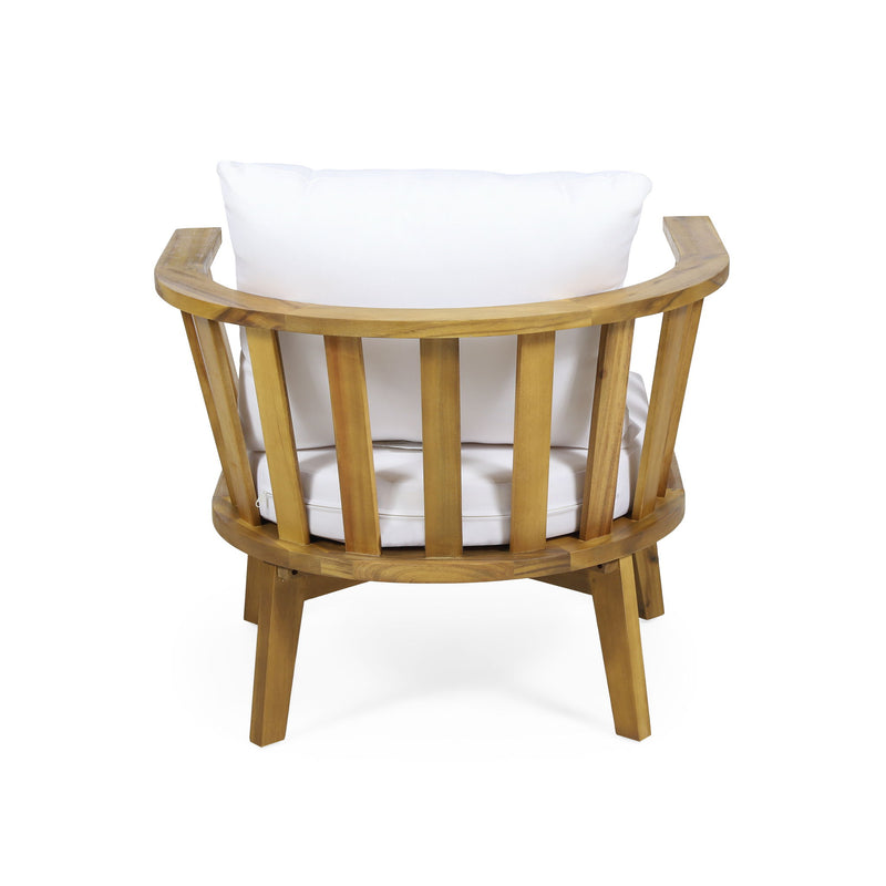White outdoor Noble House arm chair with a curved backrest and frame, suitable for outdoor seating and patio relaxation.