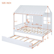 DreamHaus house bed with twin size trundle, daybed style, featuring a cozy, built-in design with plush bedding and wooden frame.