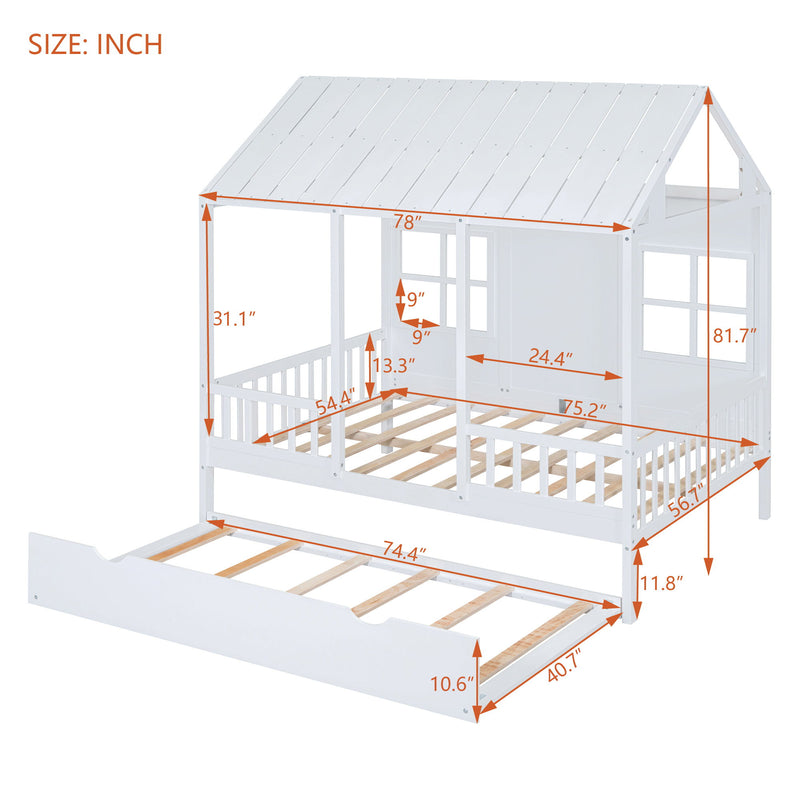 DreamHaus house bed with twin size trundle, daybed style, featuring a cozy, built-in design with plush bedding and wooden frame.