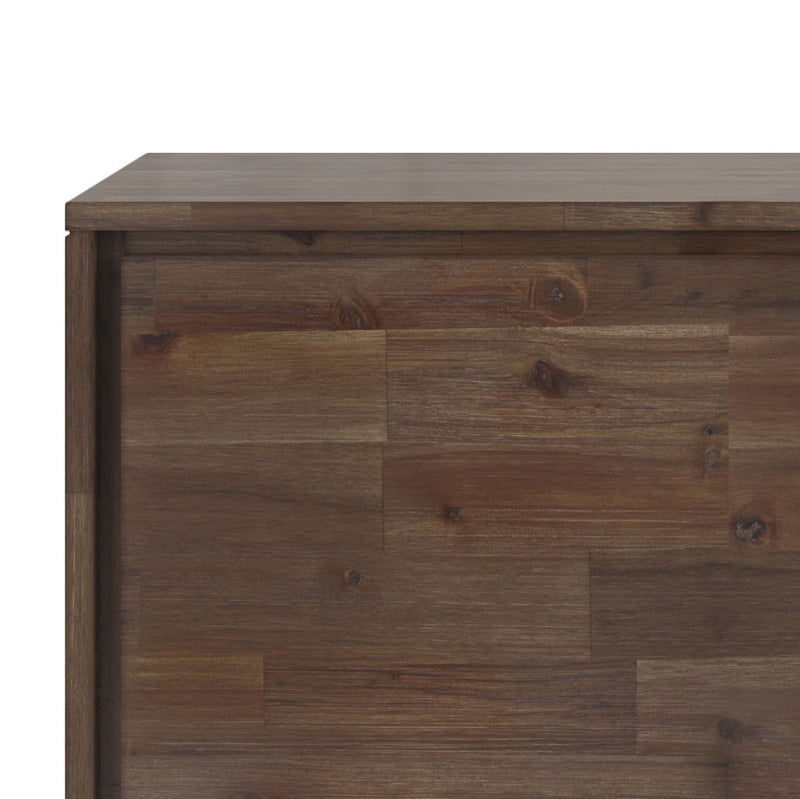 Rustic natural aged brown Lowry TV media stand by Simpli-Home with storage compartments and a sturdy wooden design.