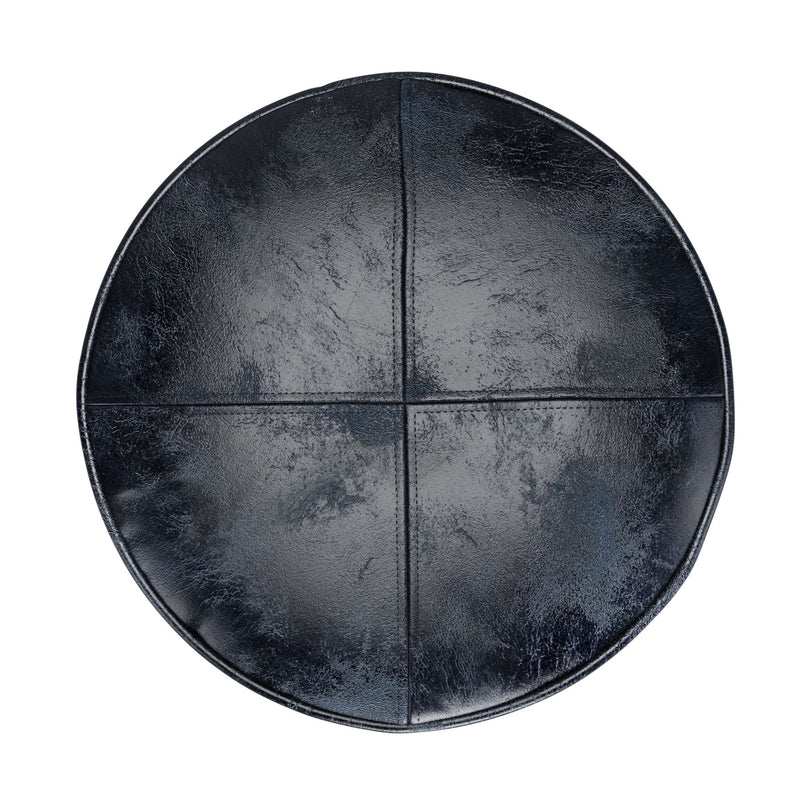 Simpli-Home Connor handcrafted round accent pouf with soft fabric upholstery and tufted top, suitable for living room or lounge.
