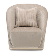 Michael Amini La Rachelle swivel chair with plush upholstery and a stylish wooden base, designed for comfortable seating.