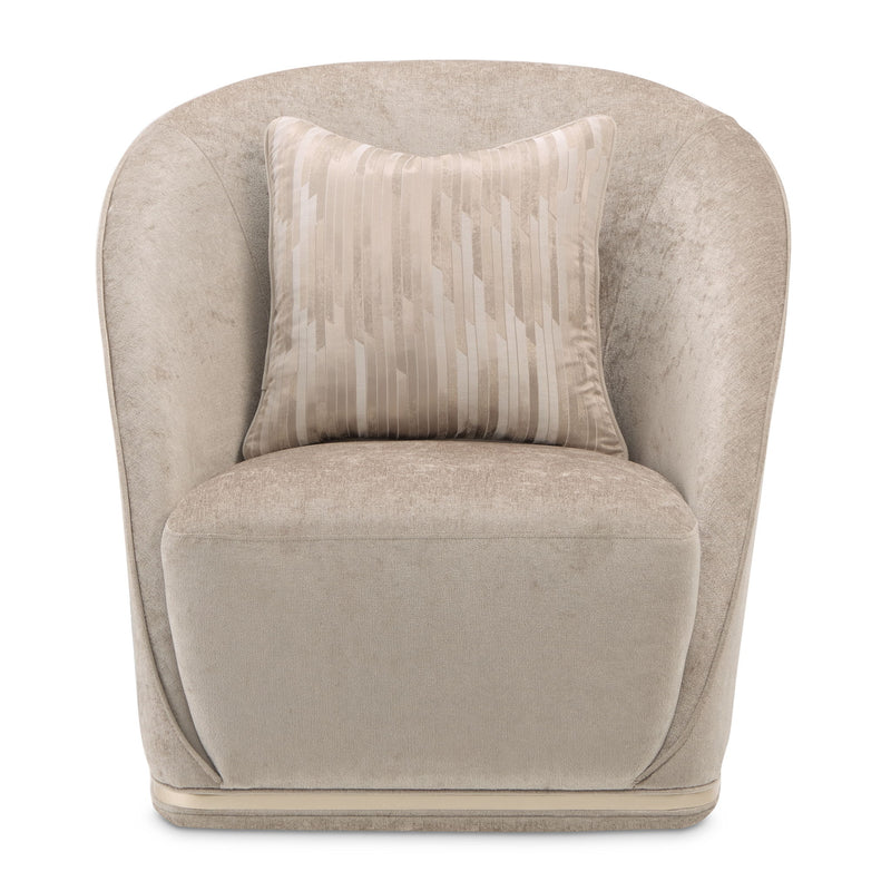 Michael Amini La Rachelle swivel chair with plush upholstery and a stylish wooden base, designed for comfortable seating.