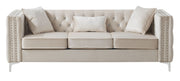 Glory Furniture Paige stationary sofa with plush cushions and modern design, beige fabric upholstery and wooden legs.