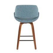 Lumi Source Fabrico mid-century modern counter stool set with walnut wood legs and blue upholstered seats.
