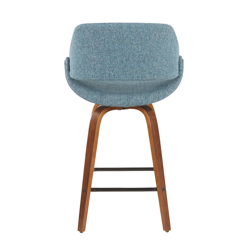 Lumi Source Fabrico mid-century modern counter stool set with walnut wood legs and blue upholstered seats.