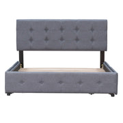 DreamHaus upholstered storage platform bed with classic headboard and built-in drawers, no box spring needed in a modern bedroom setting.